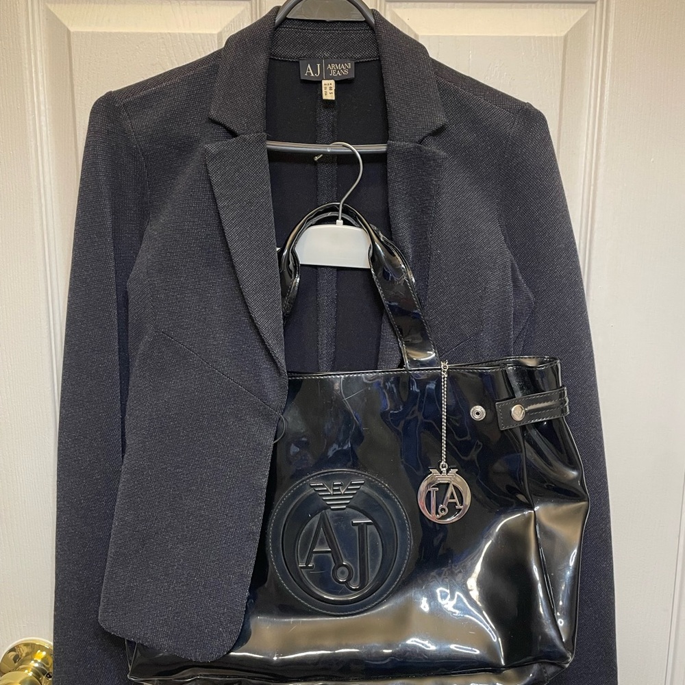 Armani Jeans Navy Blazer and AJ Black Glossy Tote